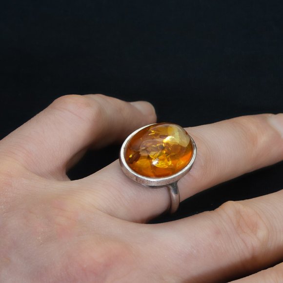 Baltic Amber Ring, Resizable Oval Shape 925 Sterling Silver Ring, Amber Gemstone - Picture 1 of 7
